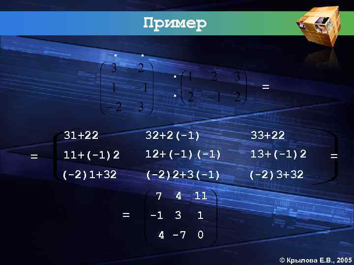 Пример . . = 31+22 = . . 32+2(-1) 33+22 11+(-1)2 12+(-1) 13+(-1)2 (-2)1+32