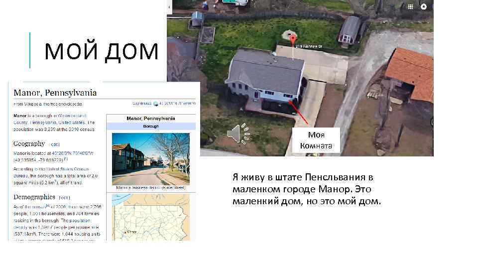 МОЙ ДОМ Моя Комната Я живу в штате Пенсльвания в маленком городе Манор. Это