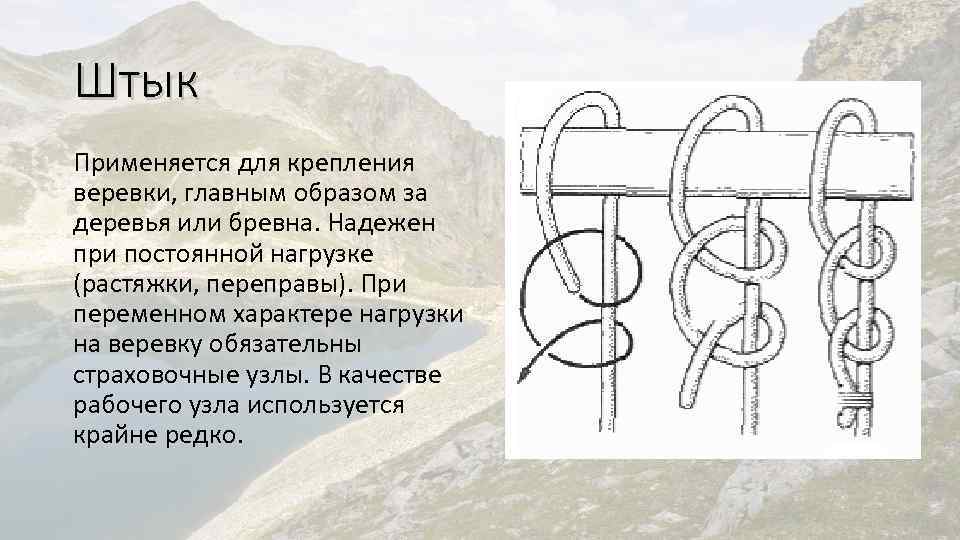 Штык Применяется для крепления веревки, главным образом за деревья или бревна. Надежен при постоянной