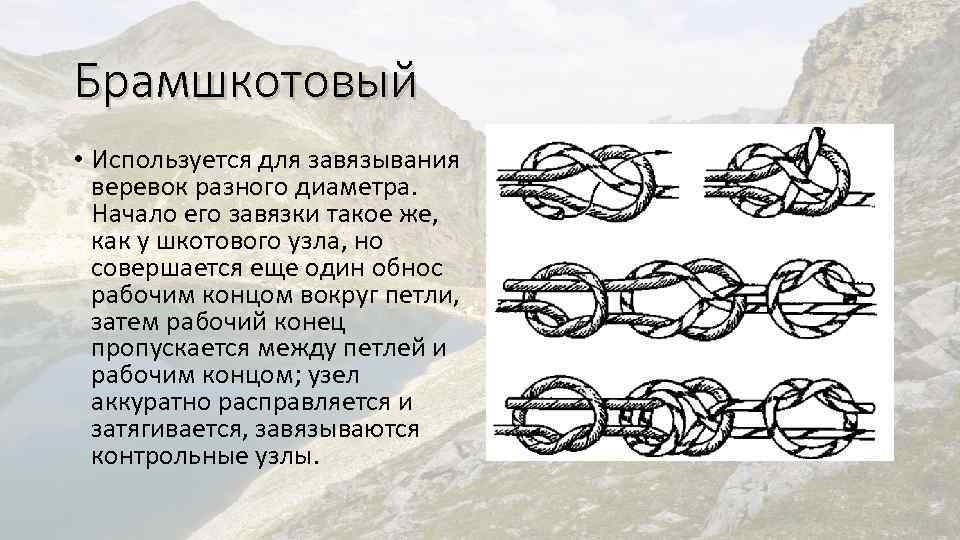 Брамшкотовый • Используется для завязывания веревок разного диаметра. Начало его завязки такое же, как