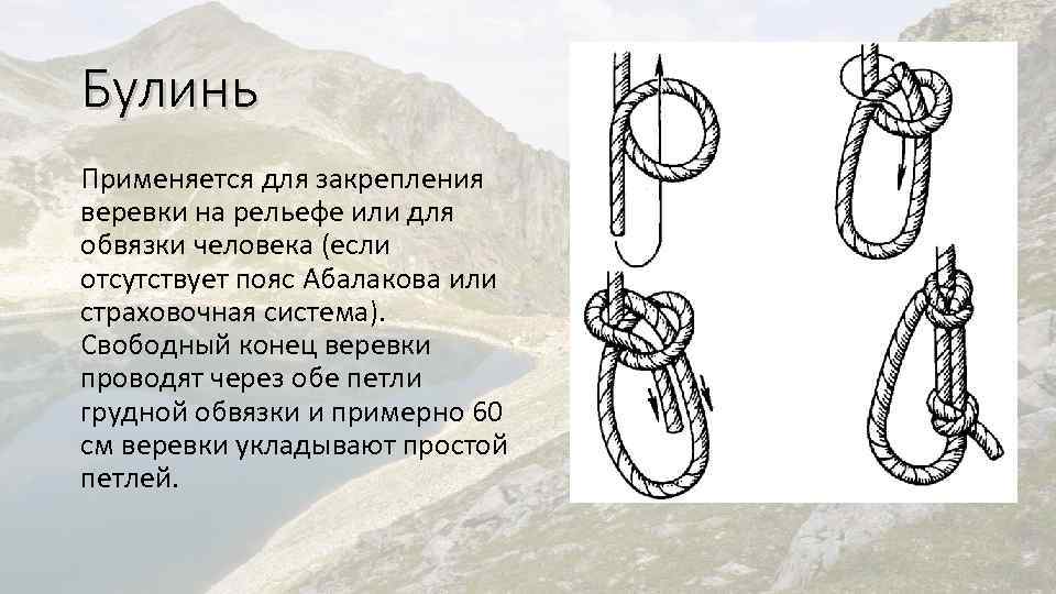 Булинь Применяется для закрепления веревки на рельефе или для обвязки человека (если отсутствует пояс