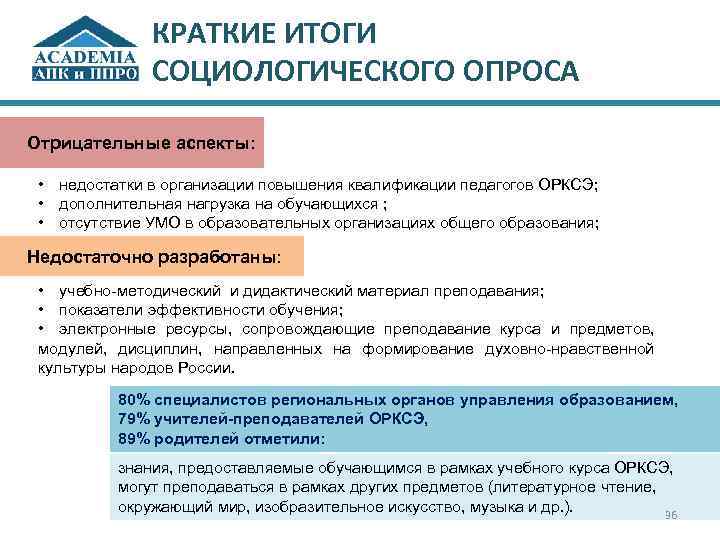 КРАТКИЕ ИТОГИ СОЦИОЛОГИЧЕСКОГО ОПРОСА Отрицательные аспекты: • недостатки в организации повышения квалификации педагогов ОРКСЭ;