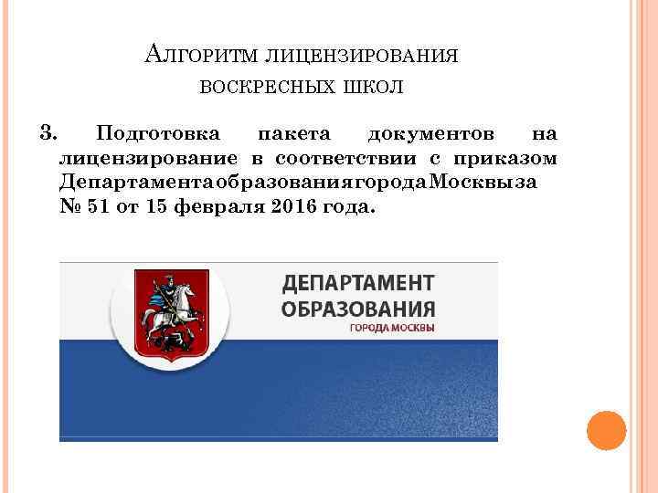 АЛГОРИТМ ЛИЦЕНЗИРОВАНИЯ ВОСКРЕСНЫХ ШКОЛ 3. Подготовка пакета документов на лицензирование в соответствии с приказом