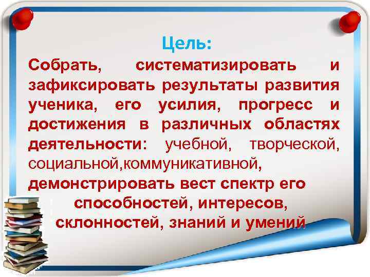 Цель: Собрать, систематизировать и зафиксировать результаты развития ученика, его усилия, прогресс и достижения в