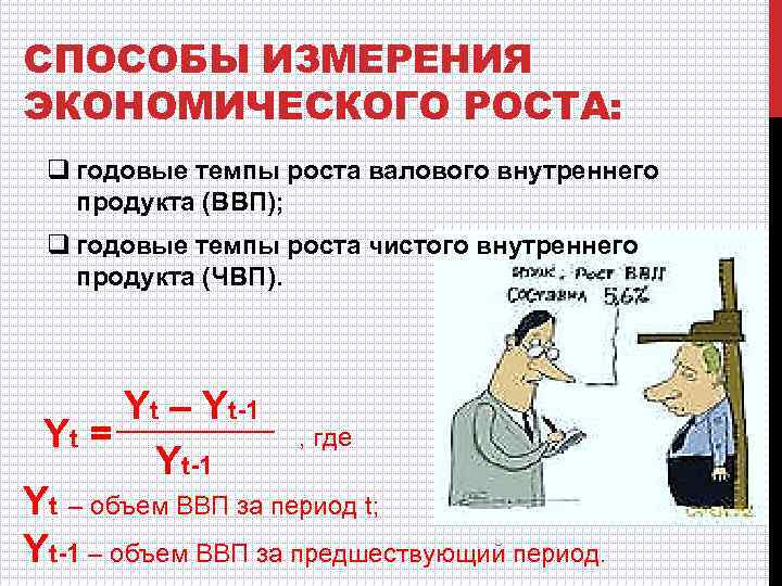 СПОСОБЫ ИЗМЕРЕНИЯ ЭКОНОМИЧЕСКОГО РОСТА: q годовые темпы роста валового внутреннего продукта (ВВП); q годовые