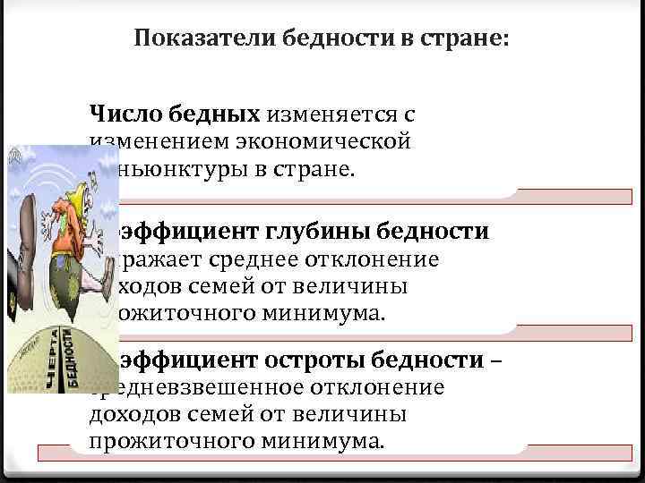 Показатели бедности в стране: Число бедных изменяется с изменением экономической коньюнктуры в стране. Коэффициент