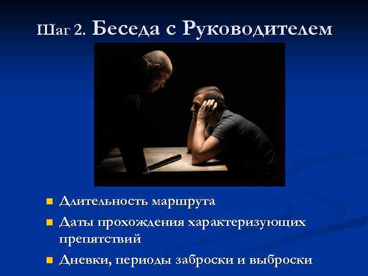 Шаг 2. n n n Беседа с Руководителем Длительность маршрута Даты прохождения характеризующих препятствий
