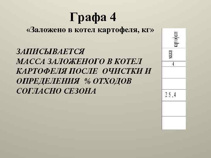 Графа 4 «Заложено в котел картофеля, кг» ЗАПИСЫВАЕТСЯ МАССА ЗАЛОЖЕНОГО В КОТЕЛ КАРТОФЕЛЯ ПОСЛЕ