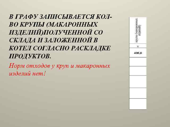 В ГРАФУ ЗАПИСЫВАЕТСЯ КОЛВО КРУПЫ (МАКАРОННЫХ ИЗДЕЛИЙ)ПОЛУЧЕННОЙ СО СКЛАДА И ЗАЛОЖЕННОЙ В КОТЕЛ СОГЛАСНО