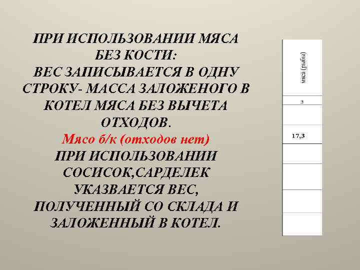 ПРИ ИСПОЛЬЗОВАНИИ МЯСА БЕЗ КОСТИ: ВЕС ЗАПИСЫВАЕТСЯ В ОДНУ СТРОКУ- МАССА ЗАЛОЖЕНОГО В КОТЕЛ