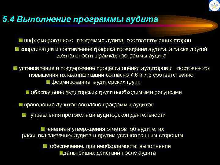 5. 4 Выполнение программы аудита информирование о программе аудита соответствующих сторон координация и составление