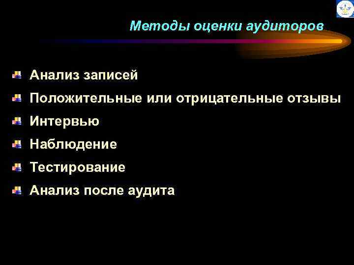 Методы оценки аудиторов Анализ записей Положительные или отрицательные отзывы Интервью Наблюдение Тестирование Анализ после