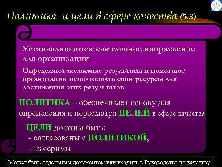 Политика и цели в сфере качества (5. 3) Устанавливаются как главное направление для организации