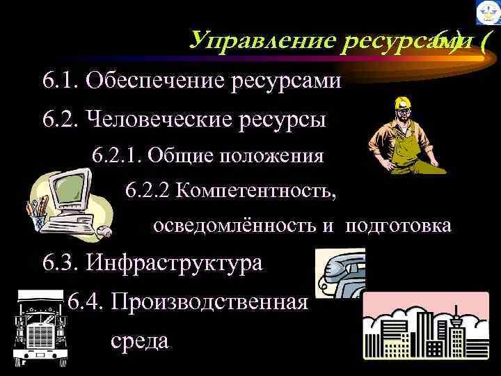 Управление ресурсами ( 6. ) 6. 1. Обеспечение ресурсами 6. 2. Человеческие ресурсы 6.