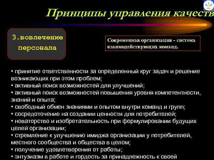 Принципы управления качество 3. вовлечение персонала Современная организация - система взаимодействующих команд. • принятие