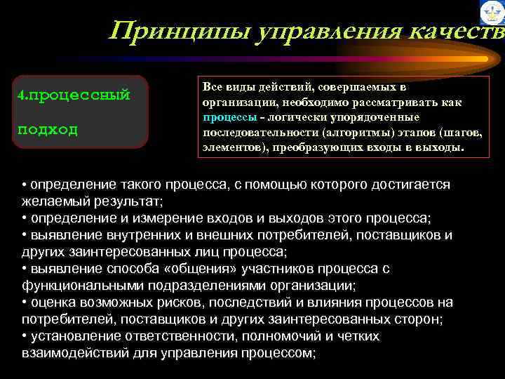Принципы управления качество 4. процессный подход Все виды действий, совершаемых в организации, необходимо рассматривать