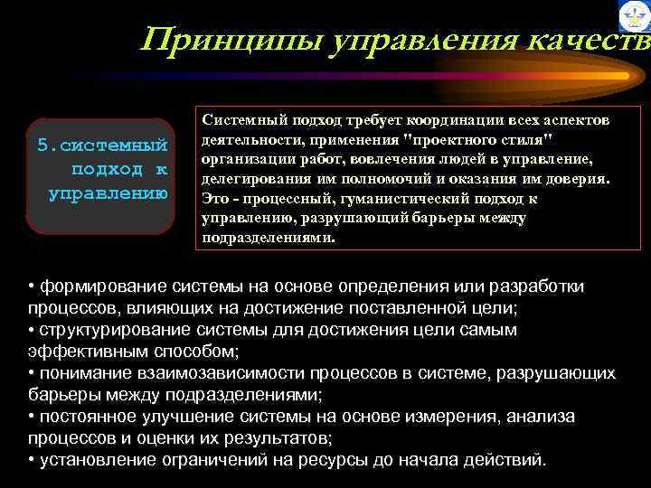Принципы управления качество 5. системный подход к управлению Системный подход требует координации всех аспектов