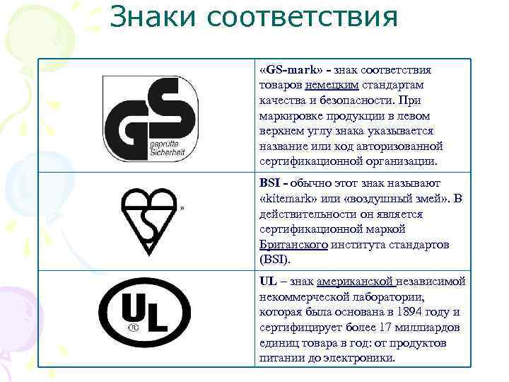 Знаки соответствия «GS-mark» - знак соответствия товаров немецким стандартам качества и безопасности. При маркировке