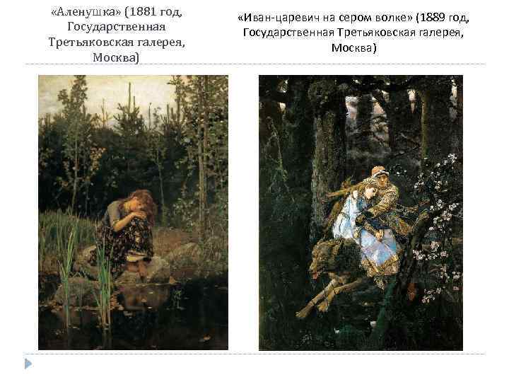  «Аленушка» (1881 год, Государственная Третьяковская галерея, Москва) «Иван-царевич на сером волке» (1889 год,