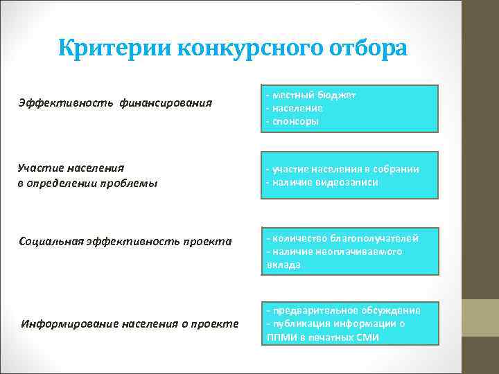 Критерии конкурсного отбора Эффективность финансирования - местный бюджет - население - спонсоры Участие населения