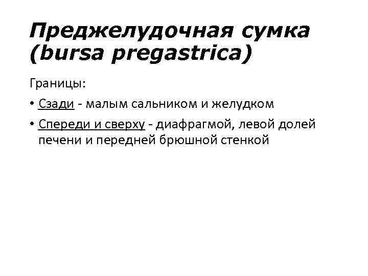 Преджелудочная сумка (bursa pregastrica) Границы: • Сзади - малым сальником и желудком • Спереди