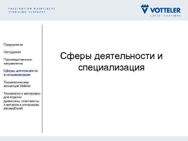 Предприятие Сотрудники Производственные направления Сферы деятельности и специализация Технологическая концепция Votteler Технологии и материалы