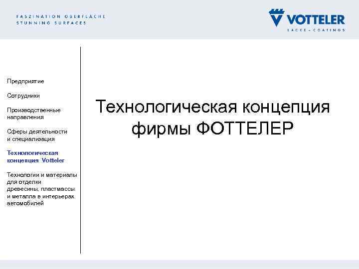 Предприятие Сотрудники Производственные направления Сферы деятельности и специализация Технологическая концепция Votteler Технологии и материалы