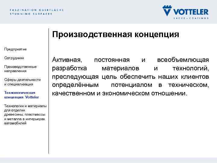 Производственная концепция Предприятие Сотрудники Производственные направления Сферы деятельности и специализация Технологическая концепция Votteler Технологии