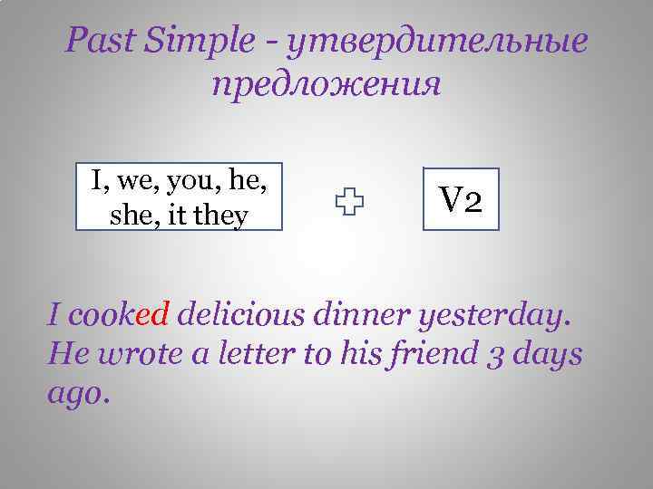 Past Simple - утвердительные предложения I, we, you, he, she, it they V 2