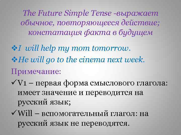 The Future Simple Tense -выражает обычное, повторяющееся действие; констатация факта в будущем v. I