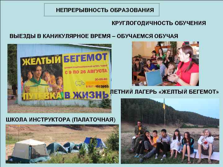 НЕПРЕРЫВНОСТЬ ОБРАЗОВАНИЯ КРУГЛОГОДИЧНОСТЬ ОБУЧЕНИЯ ВЫЕЗДЫ В КАНИКУЛЯРНОЕ ВРЕМЯ – ОБУЧАЕМСЯ ОБУЧАЯ ЛЕТНИЙ ЛАГЕРЬ «ЖЕЛТЫЙ