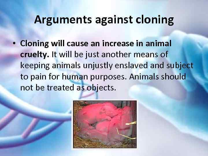 Arguments against cloning • Cloning will cause an increase in animal cruelty. It will