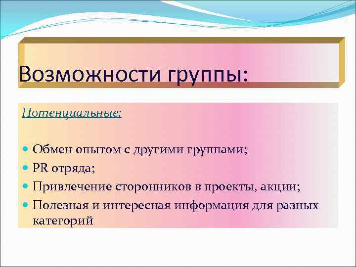 Возможности группы: Потенциальные: Обмен опытом с другими группами; PR отряда; Привлечение сторонников в проекты,