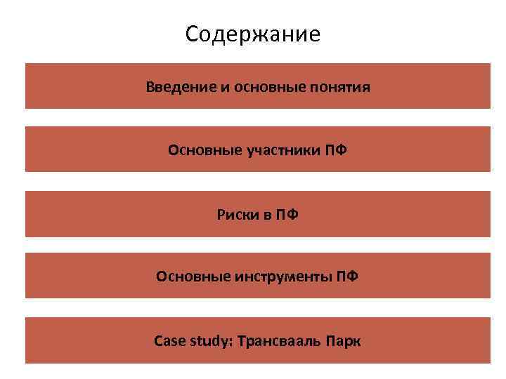 Содержание Введение и основные понятия Основные участники ПФ Риски в ПФ Основные инструменты ПФ