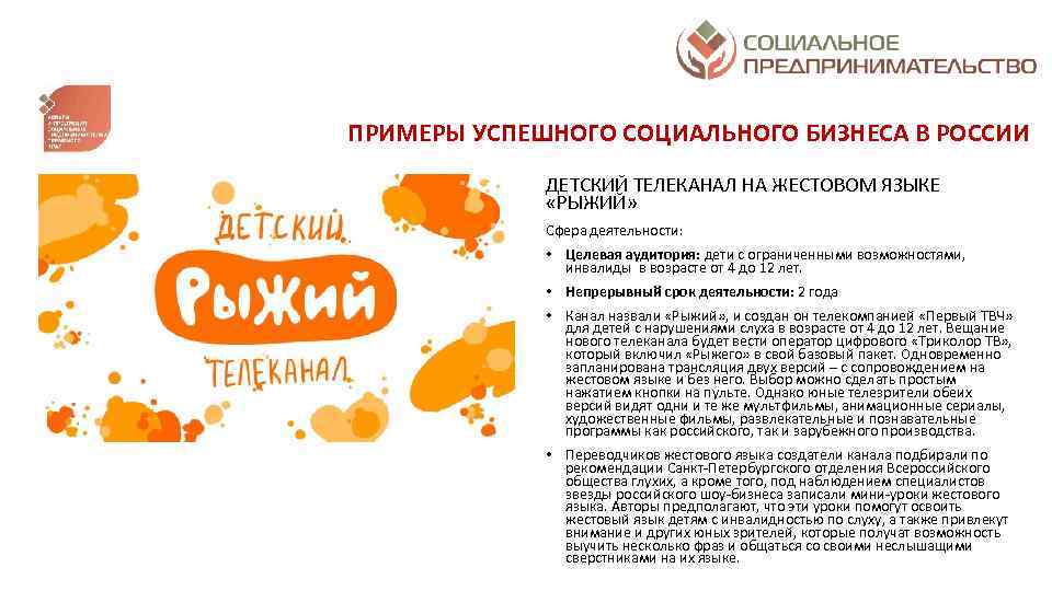 ПРИМЕРЫ УСПЕШНОГО СОЦИАЛЬНОГО БИЗНЕСА В РОССИИ ДЕТСКИЙ ТЕЛЕКАНАЛ НА ЖЕСТОВОМ ЯЗЫКЕ «РЫЖИЙ» Сфера деятельности: