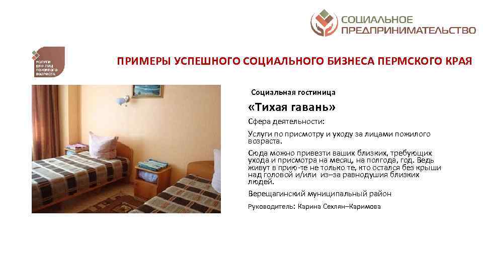 ПРИМЕРЫ УСПЕШНОГО СОЦИАЛЬНОГО БИЗНЕСА ПЕРМСКОГО КРАЯ Социальная гостиница «Тихая гавань» Сфера деятельности: Услуги по