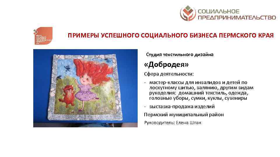 ПРИМЕРЫ УСПЕШНОГО СОЦИАЛЬНОГО БИЗНЕСА ПЕРМСКОГО КРАЯ Студия текстильного дизайна «Добродея» Сфера деятельности: мастер классы