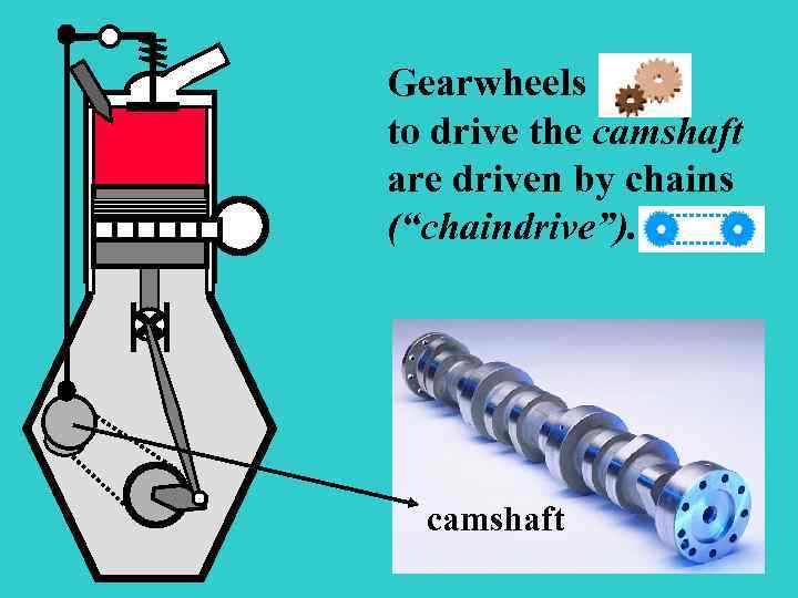 Gearwheels to drive the camshaft are driven by chains (“chaindrive”). S camshaft 