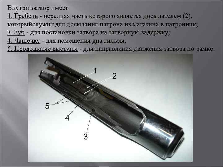 Внутри затвор имеет: 1. Гребень - передняя часть которого является досылателем (2), которыйслужит для