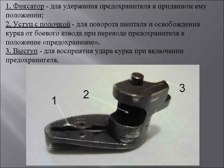 1. Фиксатор - для удержания предохранителя в приданном ему положении; 2. Уступ с полочкой