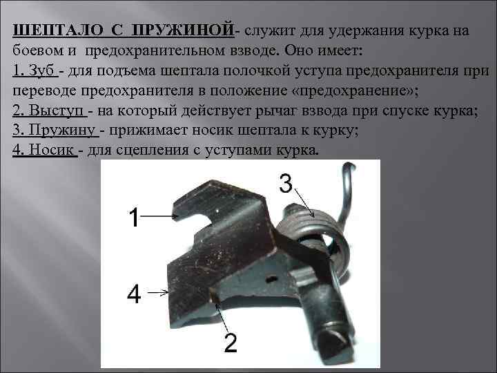 ШЕПТАЛО С ПРУЖИНОЙ- служит для удержания курка на боевом и предохранительном взводе. Оно имеет: