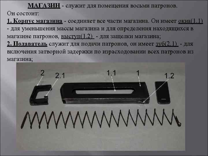МАГАЗИН - служит для помещения восьми патронов. Он состоит: 1. Корпус магазина - соединяет
