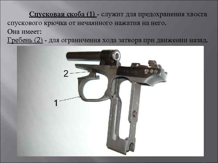 Спусковая скоба (1) - служит для предохранения хвоста спускового крючка от нечаянного нажатия на