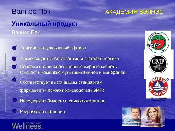 Вэлнэс Пэк АКАДЕМИЯ ВЭЛНЭС Уникальный продукт Вэлнэс Пэк Клинически доказанный эффект Антиоксиданты: Астаксантин и