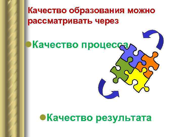 Качество образования можно рассматривать через l. Качество процесса l. Качество результата 