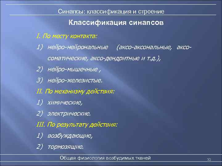 Синапсы: классификация и строение Классификация синапсов I. По месту контакта: 1) нейро-нейрональные (аксо-аксональные, аксо-