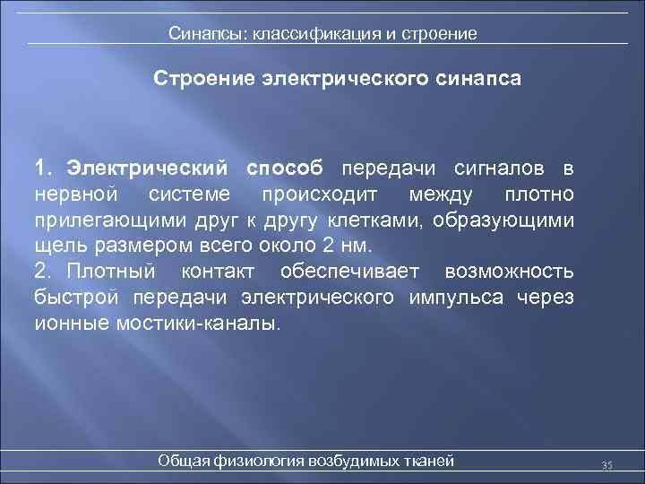 Синапсы: классификация и строение Строение электрического синапса 1. Электрический способ передачи сигналов в нервной