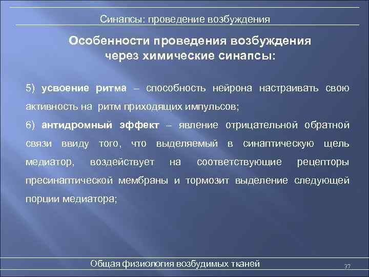 Синапсы: проведение возбуждения Особенности проведения возбуждения через химические синапсы: 5) усвоение ритма – способность