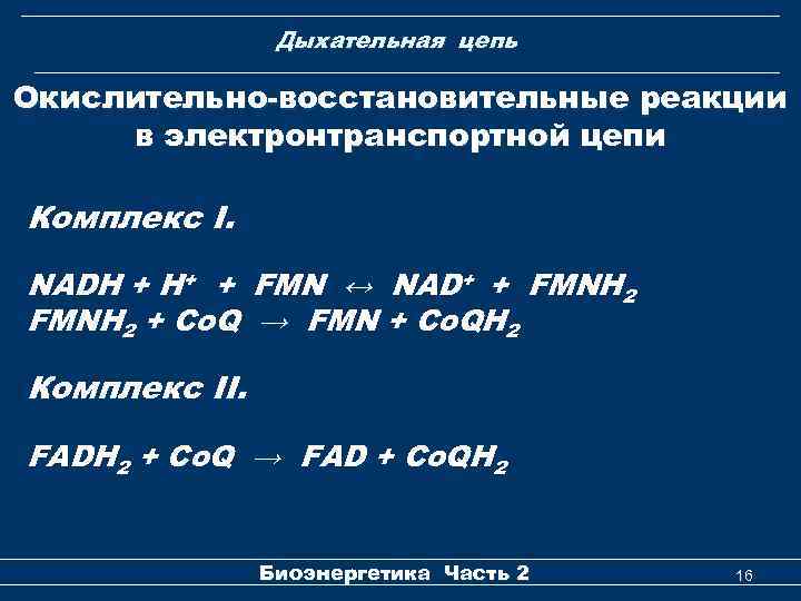 Дыхательная цепь Окислительно-восстановительные реакции в электронтранспортной цепи Комплекс I. NADH + H+ + FMN