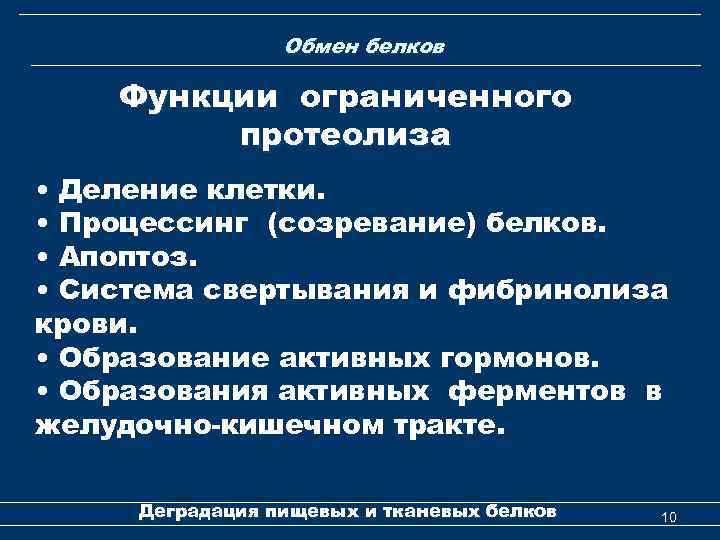 Обмен белков Функции ограниченного протеолиза • Деление клетки. • Процессинг (созревание) белков. • Апоптоз.